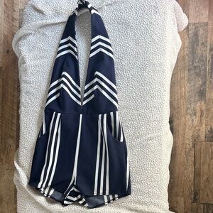 Hot & Delicious Navy and White Chevron Romper